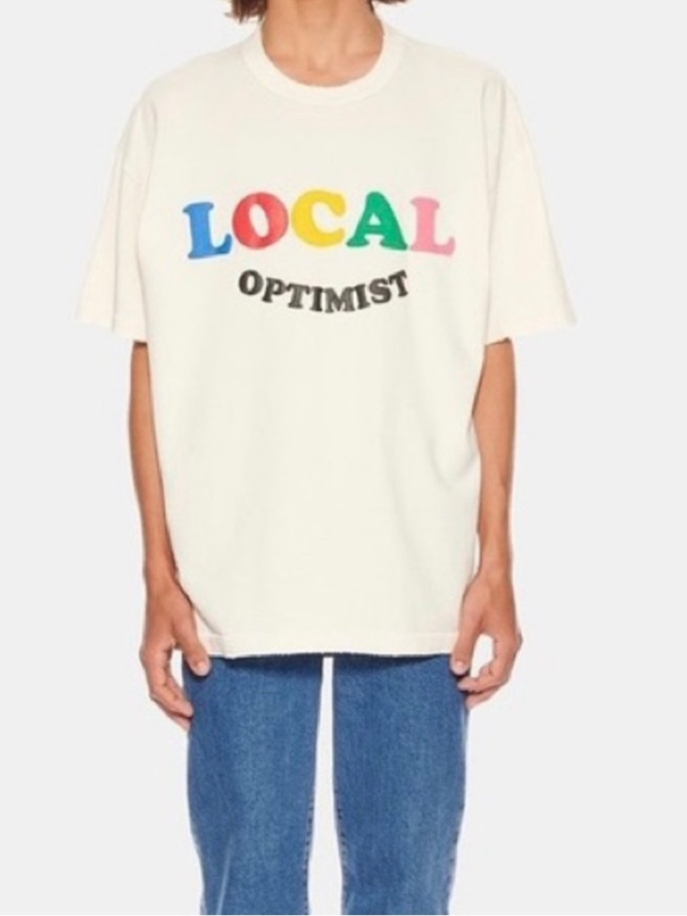 Madhappy "LOCAL OPTIMIST" Graphic Tee - Cream with Multicolor Letters